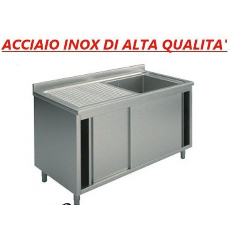 Lavatoio in acciaio inox armadiato 1 vasca sgocciolatoio sinistro ante scorrevoli Dim. 140x60x85 cm