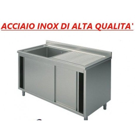 Lavatoio in acciaio inox armadiato 1 vasca sgocciolatoio destro ante scorrevoli Dim. 130x60x85 cm