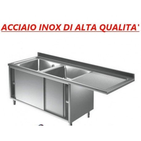 Lavatoio acciaio inox armadiato 2 vasche sgocciolatoio destro vano per lavastoviglie  Dim. 200x60x85 cm