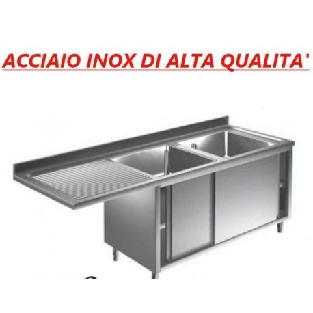 Lavatoio acciaio inox armadiato 2 vasche sgocciolatoio sinistro vano per lavastoviglie  Dim. 200x70x85 cm