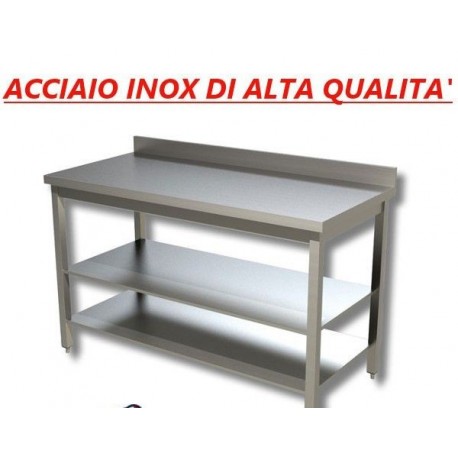 Tavolo acciaio inox con 2 ripiani - con alzatina - Dim. cm. 80x70x85H • LINEA ECO