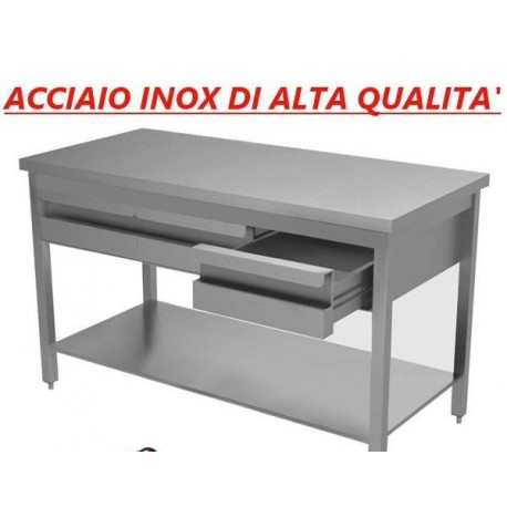 Tavolo in acciaio inox con ripiano + cassettiera con 2 cassetti - Dim. cm. 120x70x85H • LINEA ECO