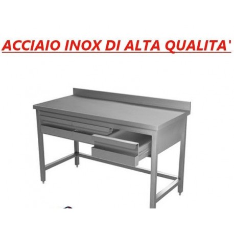 Tavolo in acciaio inox su gambe + alzatina + cassettiera con 3 cassetti - Dim. cm. 140x70x85H  • LINEA ECO