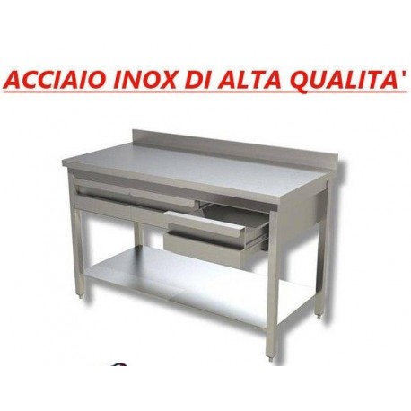 Tavolo in acciaio inox con ripiano + alzatina + cassettiera con 3 cassetti - Dim. cm. 160x70x85H • LINEA ECO