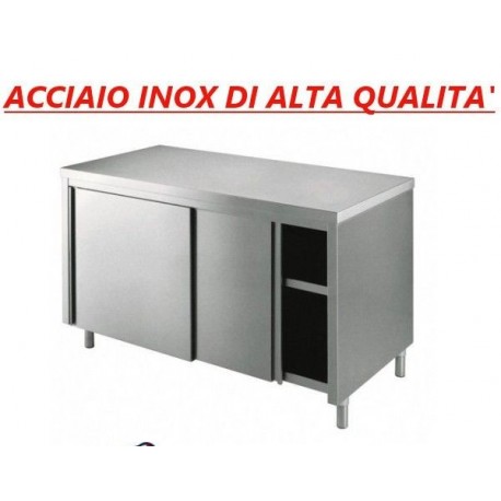 Tavolo armadiato chiuso in acciaio inox con scorrevole - senza alzatina - Dim. cm. 130x70x85H • linea ECO