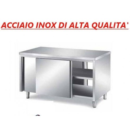 Tavolo armadiato passante in acciaio inox con porte scorrevole su due lati - Dim. cm. 170x70x85H • linea ECO