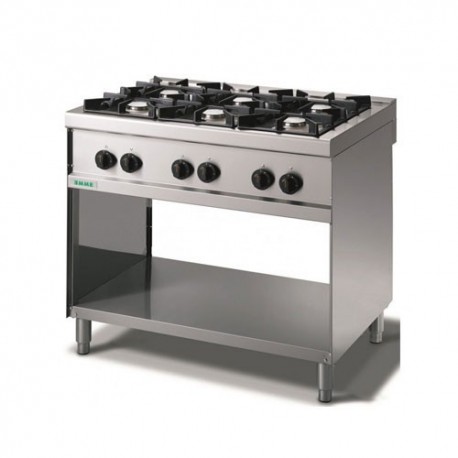 Cucina a gas 6 fuochi su vano a giorno. 100x70x90H.