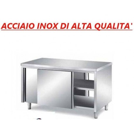 Tavolo armadiato passante in acciaio inox con porte scorrevole su due lati - Dim.cm 150x60x85h