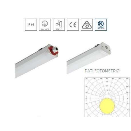 Lampada stagno LED 1x58W L. mm 156 con tubo e schermo in policarbonato stabilizzato UV coestruso in doppia finitura per cappa