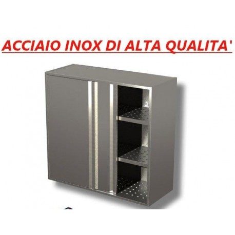 Pensile chiuso in acciaio inox con ante scorrevoli - 2 Ripiani intermedi con sgocciolatoio - H.cm. 100 • LINEA ECO