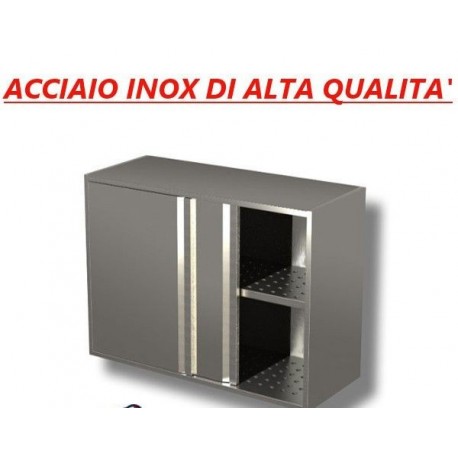 Pensile chiuso in acciaio inox con ante scorrevoli - Ripiano intermedio con sgocciolatoio - H.cm. 80 • LINEA ECO