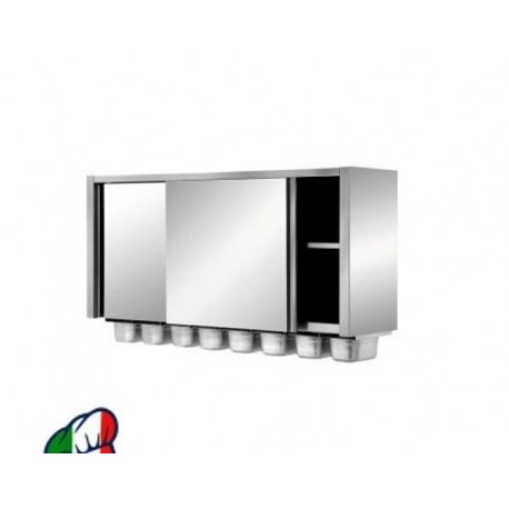 Pensile inox chiuso con scorrevoli - Ripiano intermedio e porta contenitori inferiore GN 1/4