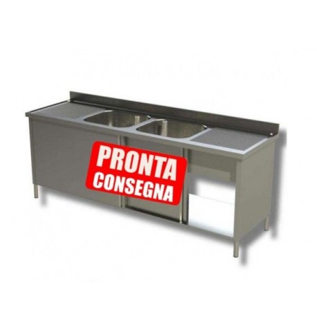 Lavatoio 2 Vasche chiuso in acciaio inox con ante scorrevoli con alzatina - Prof. 70