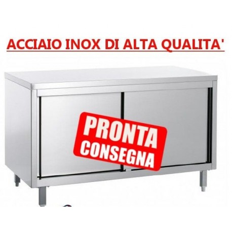 Tavolo armadiato in acciaio con ante scorrevoli inox senza alzatina - Prof. 70