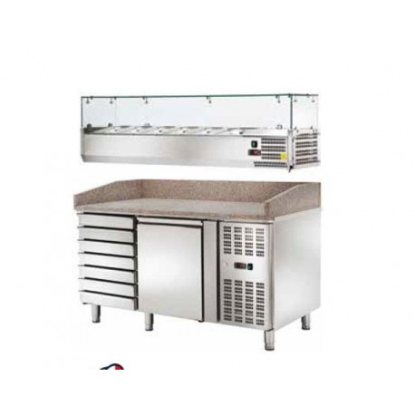 Banco pizza refrigerato ventilato con vetrinetta sportello e cassettiera -2/+8 °C