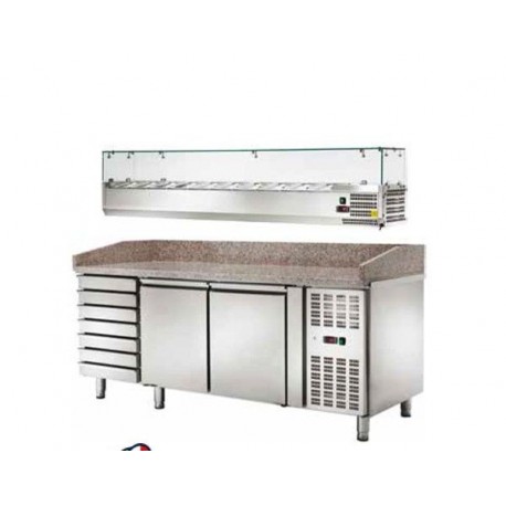 Banco pizza refrigerato ventilato con vetrinetta 2 sportelli e cassettiera -2/+8 °C