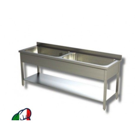 Lavatoio Lavapentole inox, 2 vasconI con ripiano - Prof. 60 • LINEA ECO