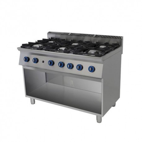 Cucina a gas 6 fuochi su vano a giorno. 120x70x90H.