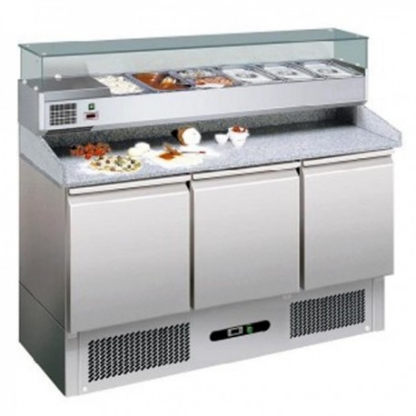 Banco pizza refrigerato con piano in granito e vetrina portacondimenti (Gn 1/4). Cm. 140 - Profondità cm. 70