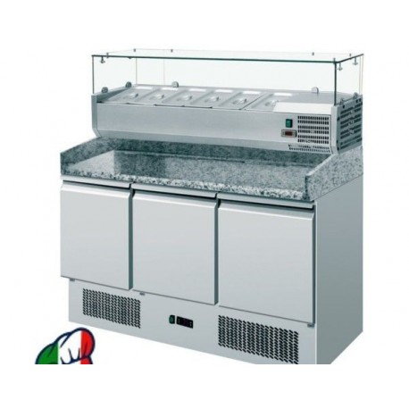 Banco pizza 3 sportelli refrigerato con piano in granito e vetrina portacondimenti 6xGN1/4