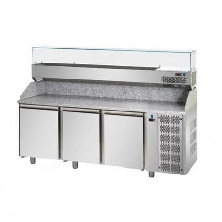 Banco pizza refrigerato con piano in granito e vetrina portacondimenti cm. 200