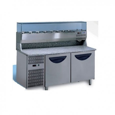 Banco pizza 2 porte refrigerato con piano in granito e vetrina portacondimenti (Gn 1/3)