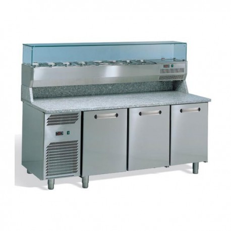 Banco pizza 3 porte refrigerato con piano in granito e vetrina portacondimenti (Gn 1/3)