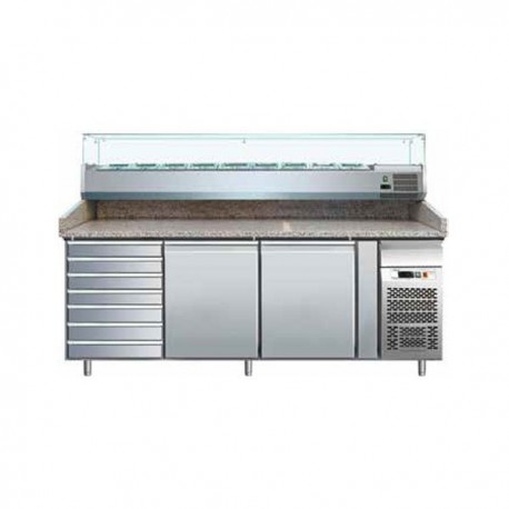 Banco pizza refrigerato con piano in granito e vetrina portacondimenti (Gn 1/3). Cm. 202