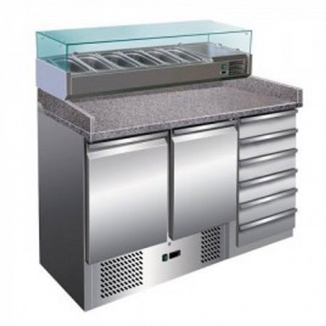 Banco pizza refrigerato con piano in granito e vetrina portacondimenti (Gn 1/4). Cm. 142 - Profondità cm. 70