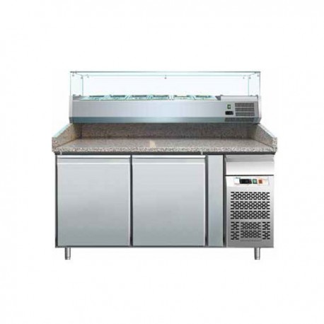 Banco pizza refrigerato con piano in granito e vetrina portacondimenti (Gn 1/3). Cm. 151