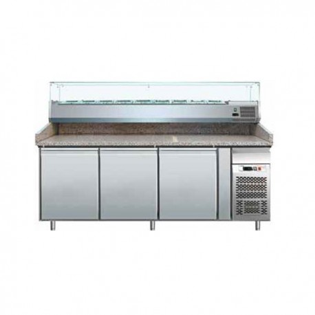 Banco pizza refrigerato con piano in granito e vetrina portacondimenti (Gn 1/4). Cm. 202