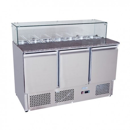 Banco pizza refrigerato con piano in granito e vetrina portacondimenti (Gn 1/3). Cm. 140 - Cm. 136,5x70x112H.