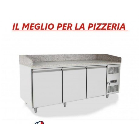 Banco pizza refrigerato con piano in granito e vetrina portacondimenti cm 201