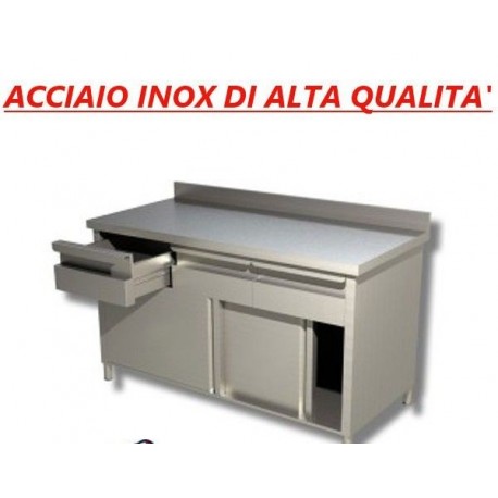 Tavolo armadiato in acciaio inox + cassettiera + alzatina - Prof. 70 • linea ECO