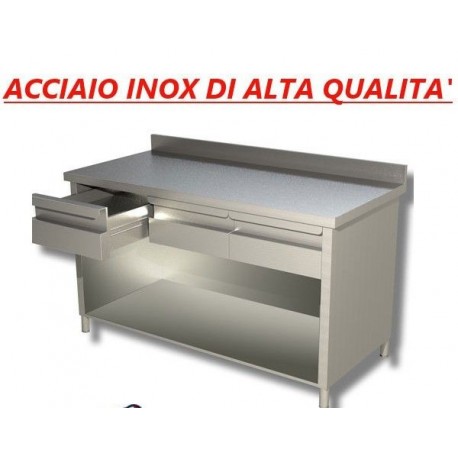 Tavolo armadiato in acciaio inox con ripiano + alzatina + cassettiera - Prof. 70 • linea ECO