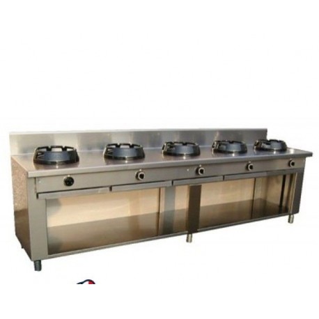 Cucina Wok etnica cinese giapponese a gas - a 5 fuochi su vano aperto 2500x500x850h mm