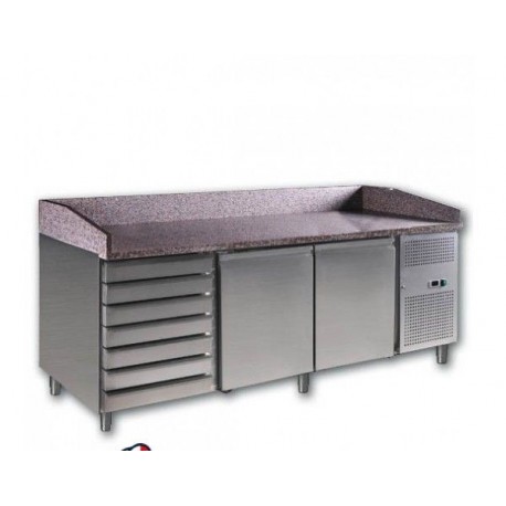 Tavolo refrigerato ventilato pizzeria per pizza con vetri Temp. +2/+8°C Dimensioni 2025x800x990