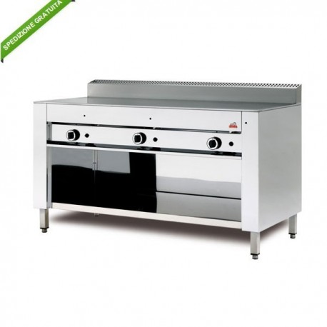 Cuocipiada a gas per 12 piadine con piana in ferro, su vano inox armadiato aperto