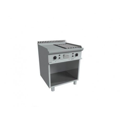 Fry top a gas su vano a giorno piastra 1/2 liscia e 1/2 rigata in acciaio dolce levigato 2 zone indipendenti - Dim. cm 70x