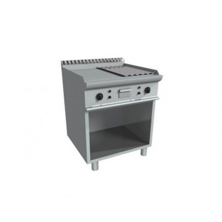 Fry top elettrico su vano a giorno piastra 1/2 liscia e 1/2 rigata in acciaio dolce levigato - Dim. cm 70x70x85h