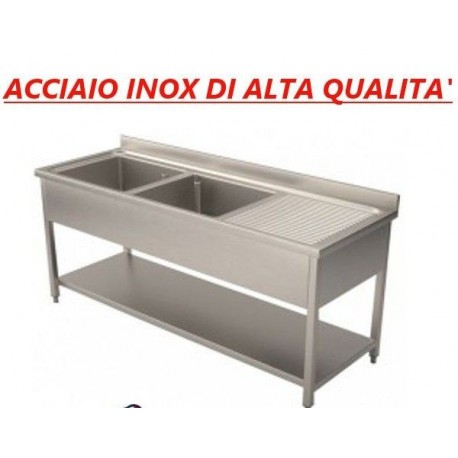 Lavatoio acciaio inox 2 vasche con ripiano di fondo sgocciolatoio destro Dim. 170x60x85 cm
