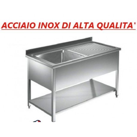 Lavatoio acciaio inox 1 vasca con ripiano di fondo + sgocciolatoio dx Dim. 140x60x85 cm