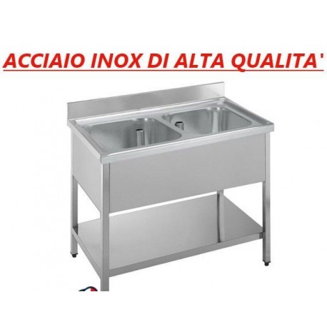 Lavatoio acciaio inox 2 vasche con ripiano di fondo Dim. 140x60x85 cm