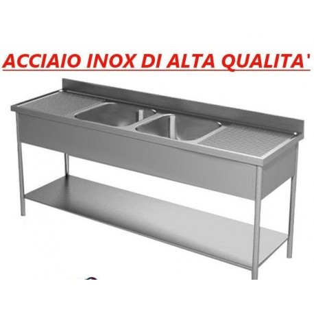 Lavatoio acciaio inox 2 vasche + 2 sgocciolatoi con ripiano di fondo Dim. 180x60x85 cm