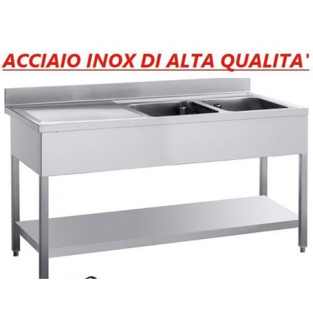 Lavatoio acciaio inox 2 vasche con ripiano di fondo sgocciolatoio sinistro Dim. 160x60x85 cm