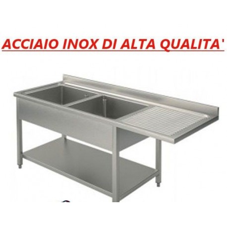 Lavatoio acciaio inox 2 vasche con vano per lavastoviglie sgocciolatoio destra Dim. 160x60x85h cm